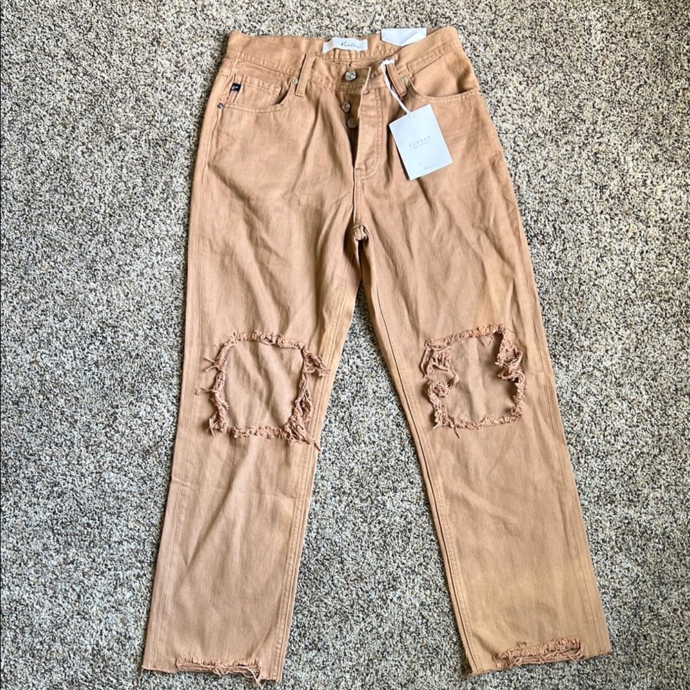 KanCan Tan Straight Leg Jeans with Distressed Knees